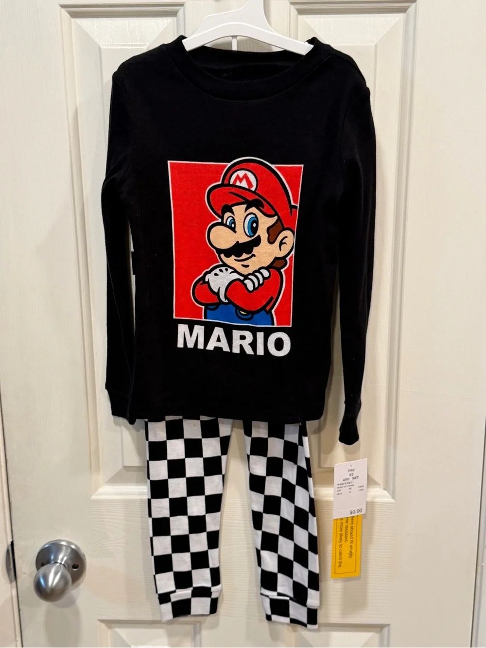 5T Mario Graphic Long Sleeve Top & Checker Pajamas Set - Black & Red